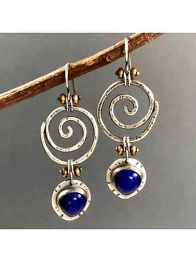 Antique Silver Spiral Earrings Blue Lapis Lazuli Tone Stone Vortex Jewelry